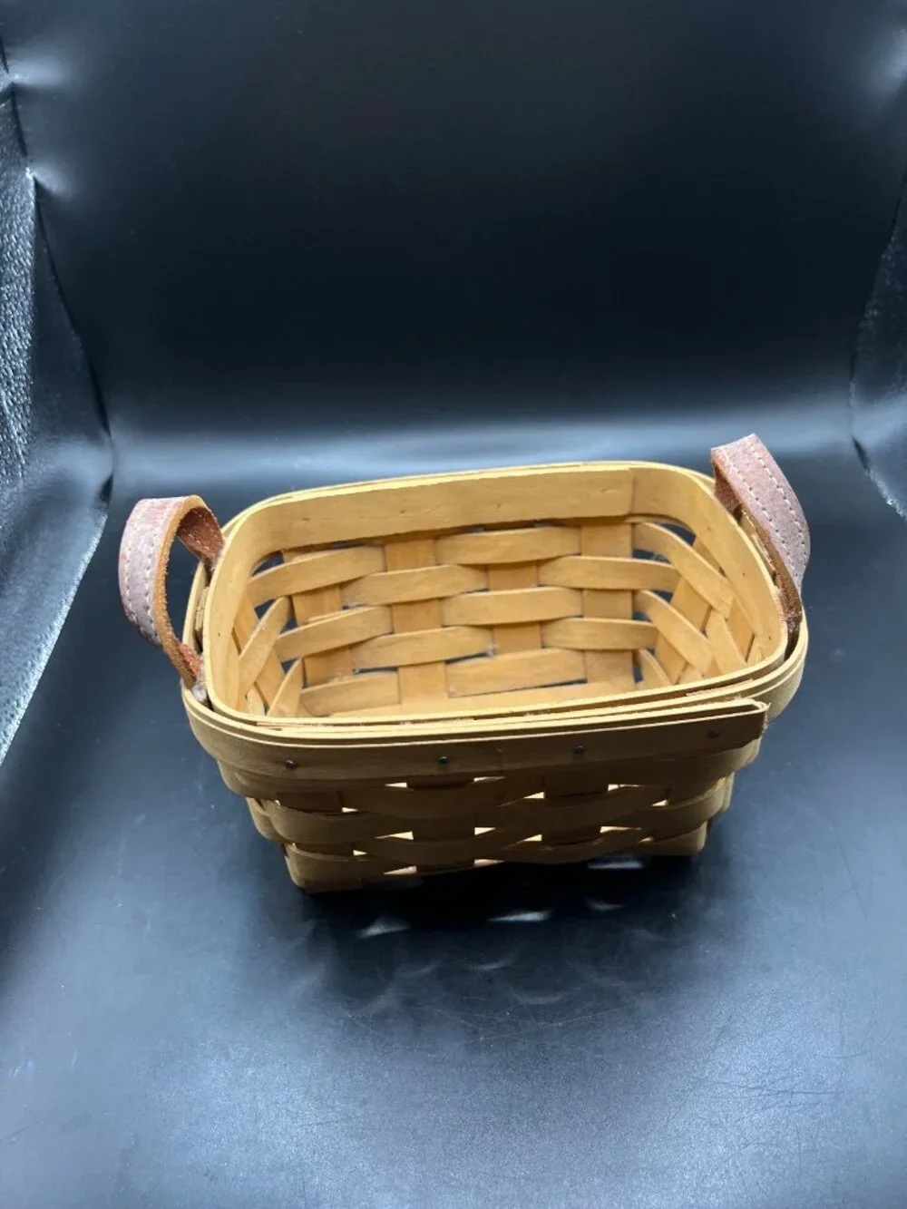 Longaberger Handmade Basket Leather Handles 2003 Rustic Woven Wood USA Vintage